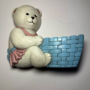 1989 Burwood products White Girl Bear with Basket Wall Hanging